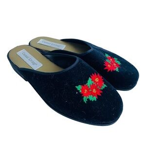 Black Velvet Christmas Poinsettia Embroidery Slippers w Heel Lift on Right shoe